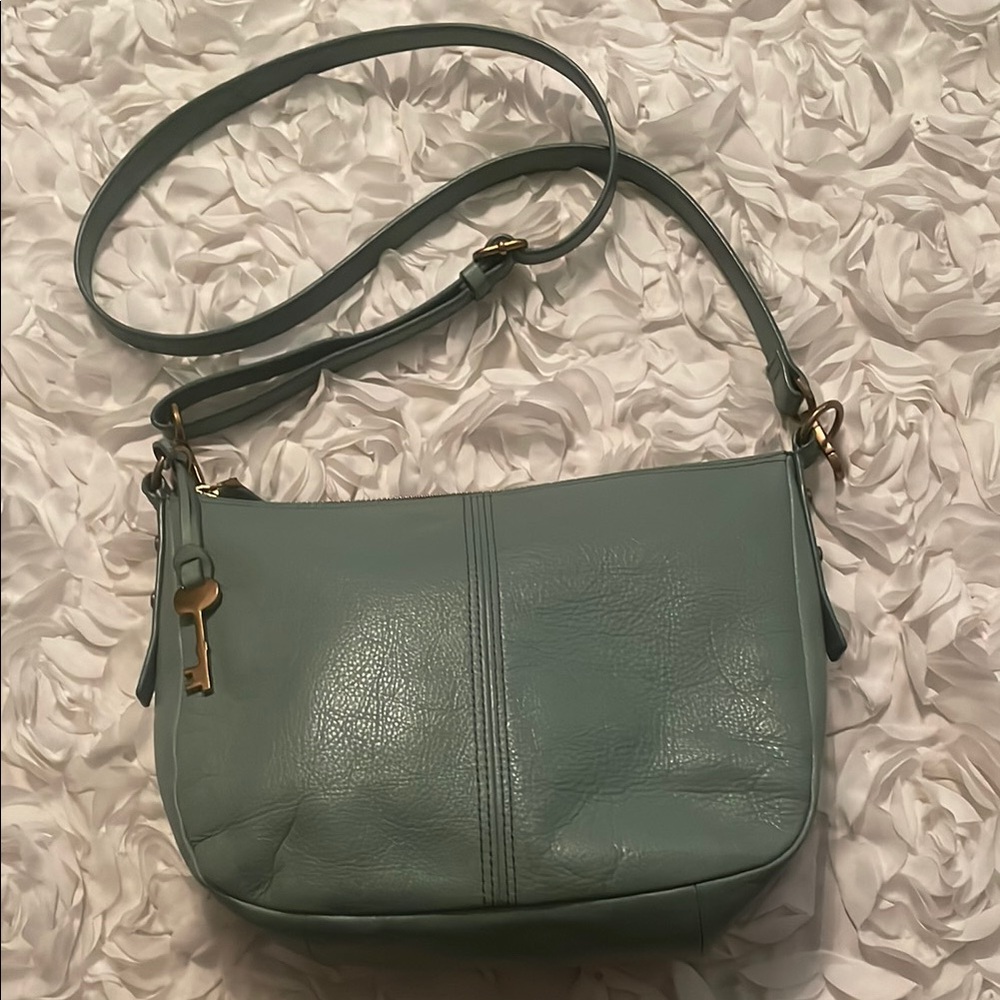 Elegant Blue Leather Shoulder Bag Fossil Blue Leather Crossbody Bag